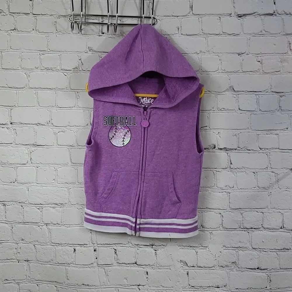 Justice Girls Purple Glitter Softball Sleeveless Zip Hoodie Vest Size 8 Sporty